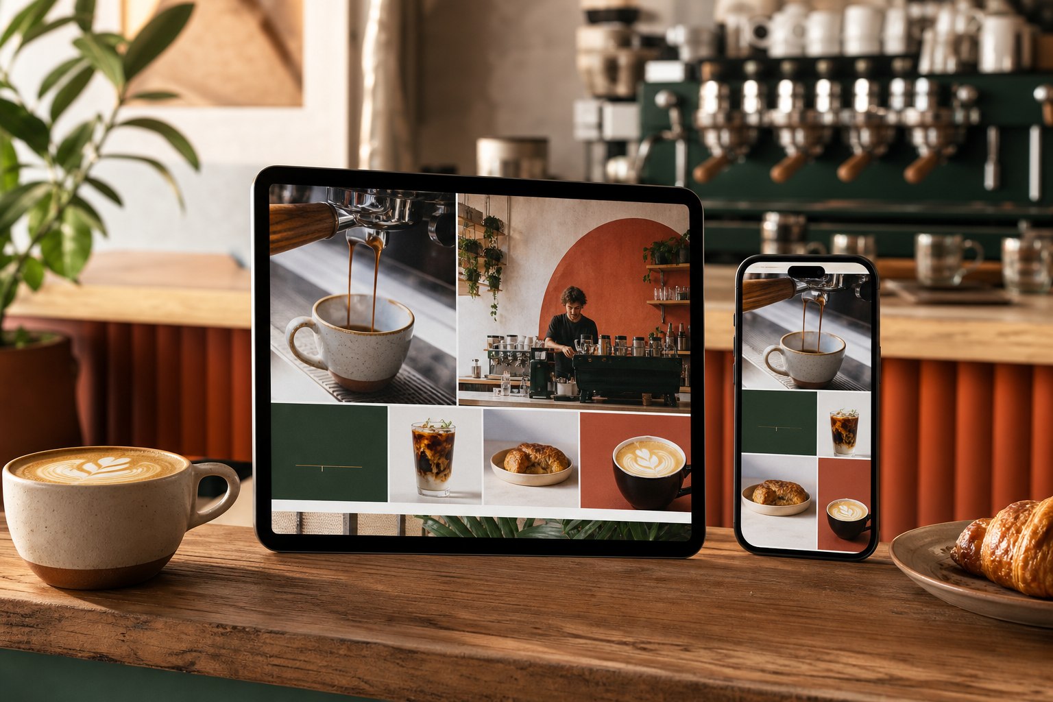 Image-led café website concept displayed on tablet and phone