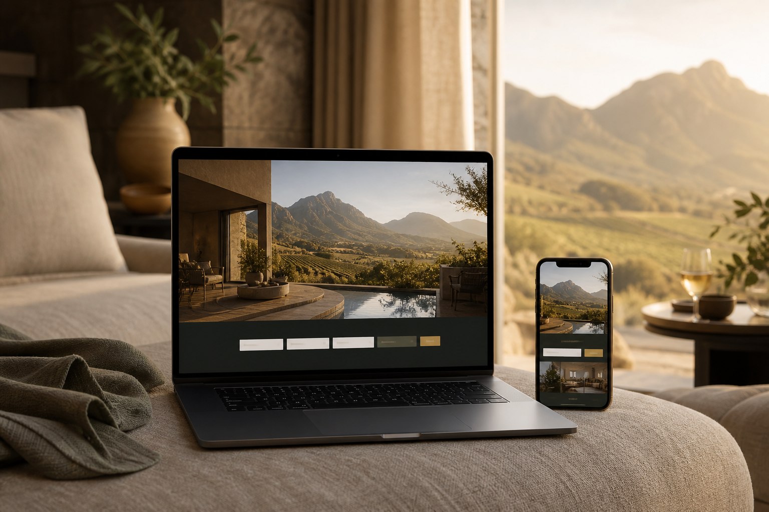 Luxury accommodation website concept displayed on laptop and phone